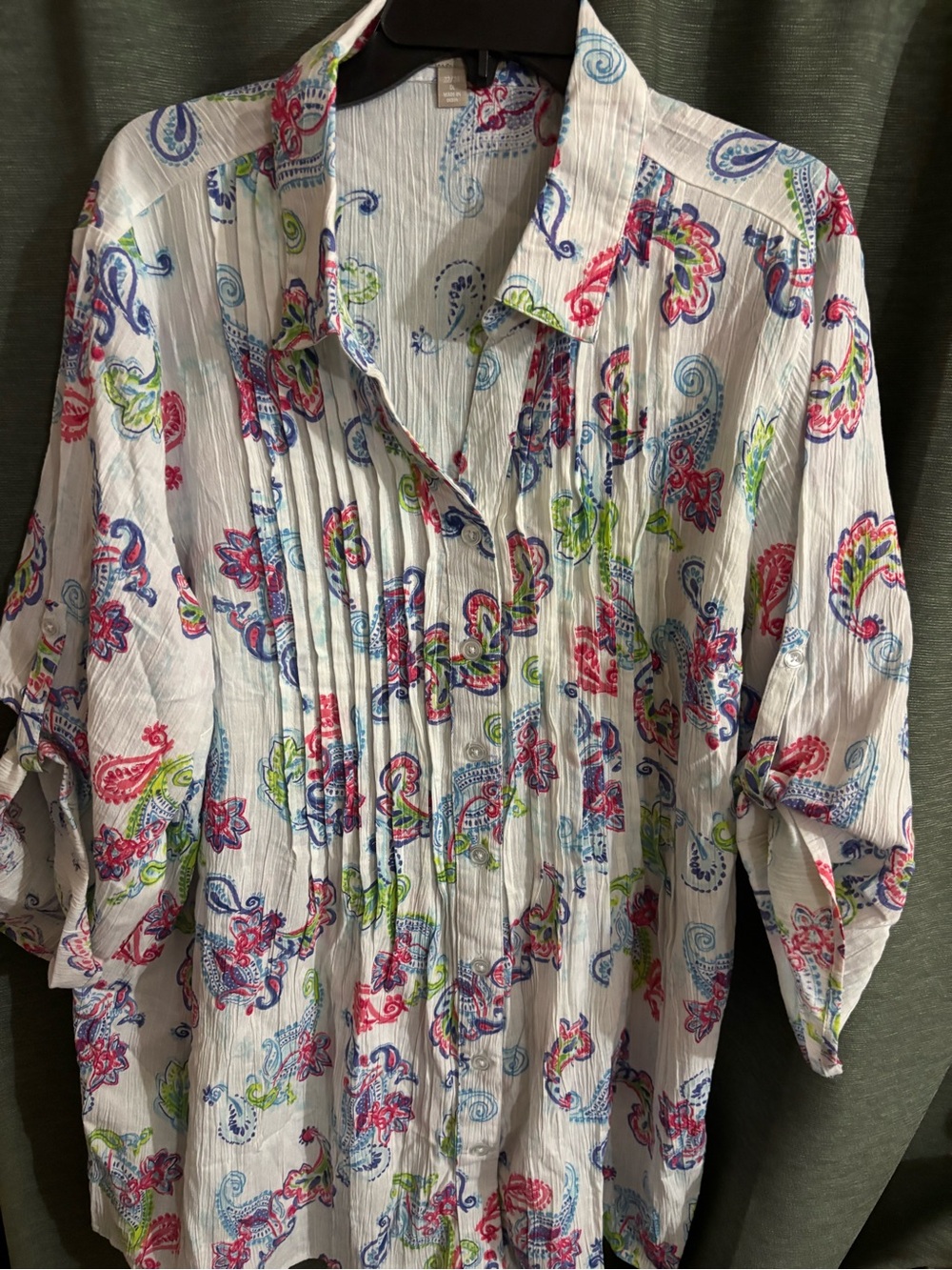 Woman Within White Paisley Pintuck Button-Front Blouse